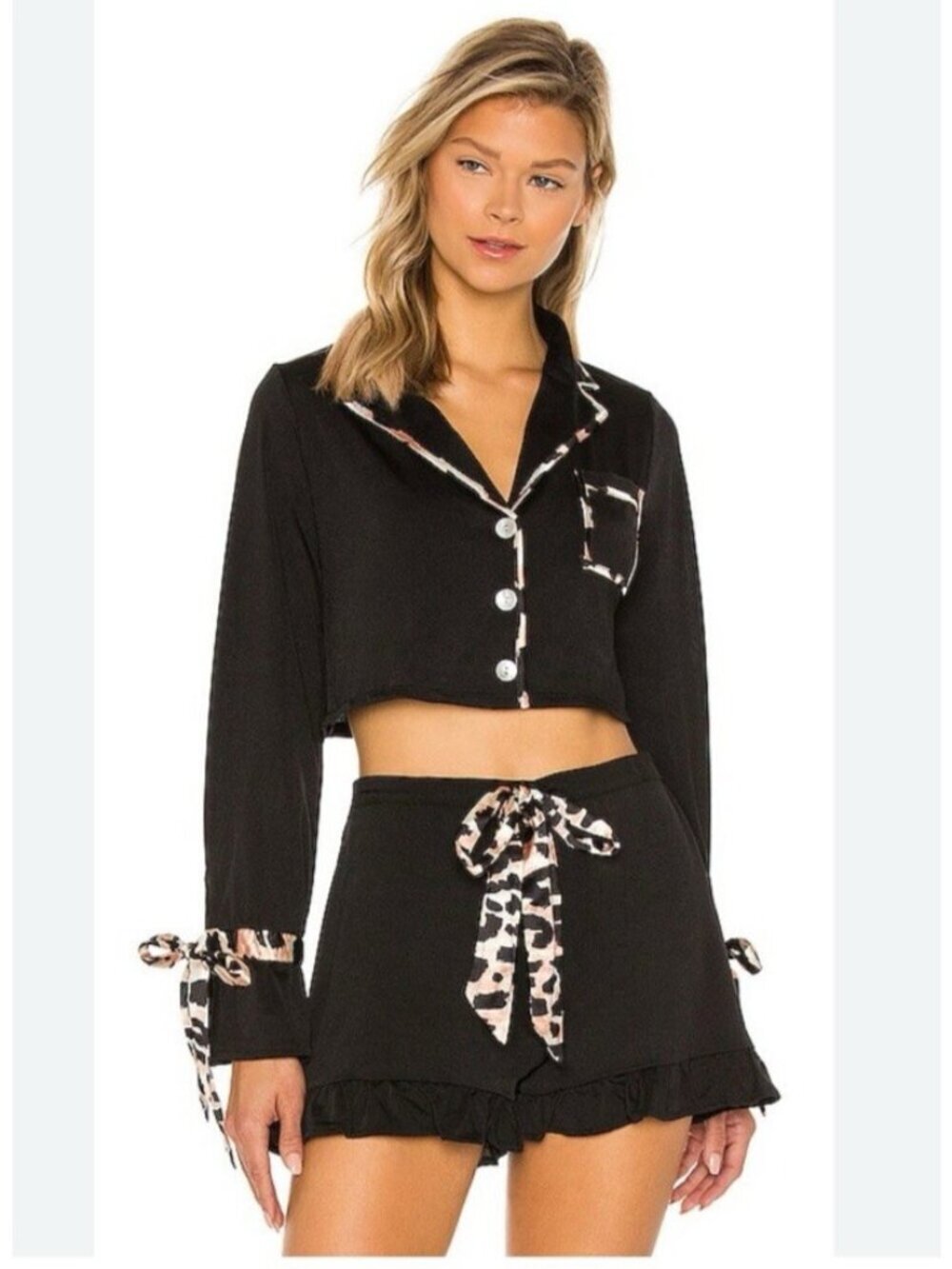 BEACH RIOT luna sleep blouse black spotted leopard XS REVOLVE lounge cropped